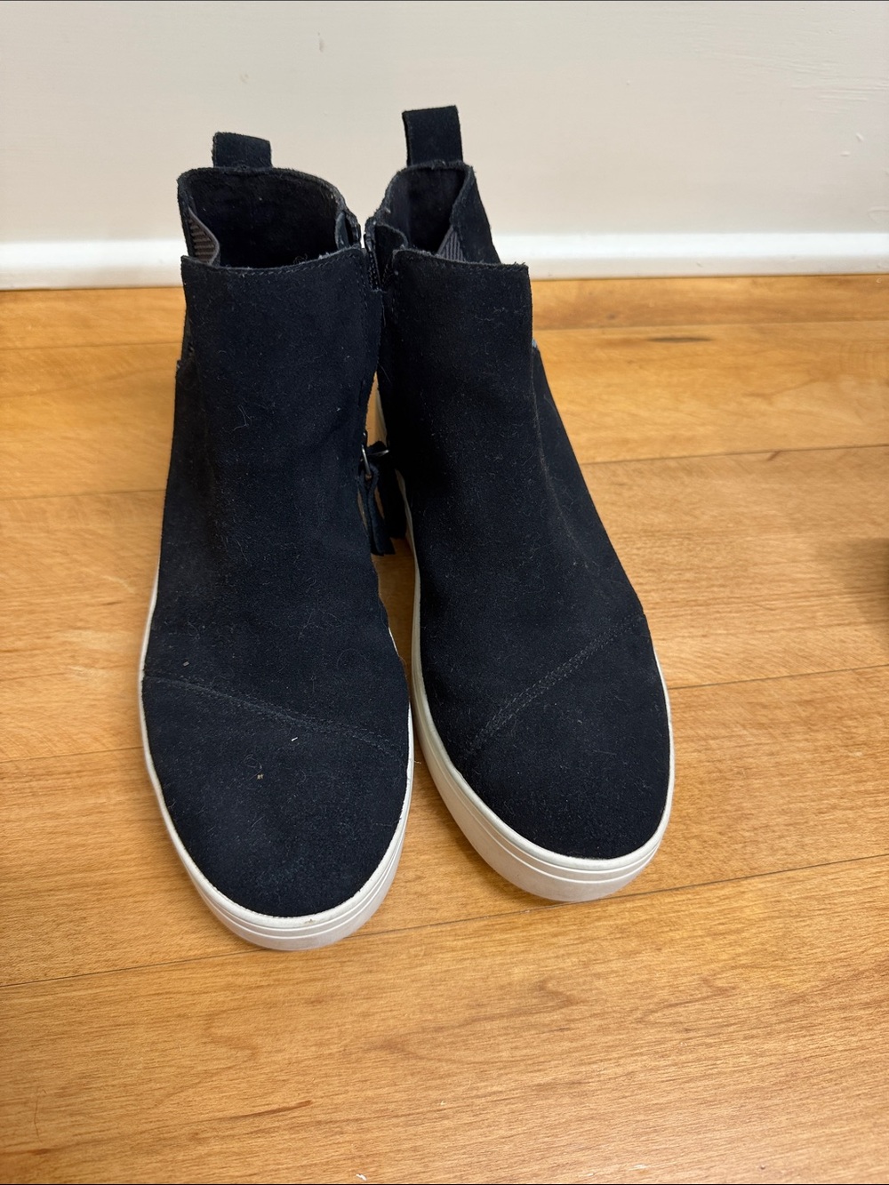 Tom’s Black Suede Slip-On Sneaker Boot with White Sole